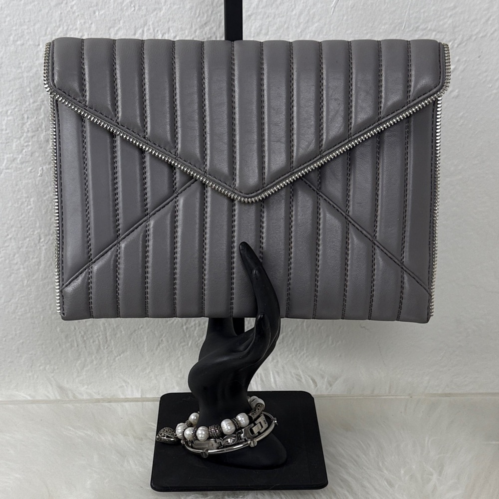 Rebecca‎ Minkoff Large Gray Leather Whipstitch & Zipper Envelope Clutch